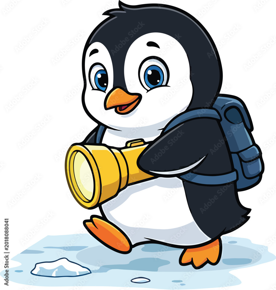 Obraz premium Little Penguin Explorer Character with Flashlight and Backpack Vector