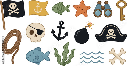Foto Hand Drawn Pirate Adventure Illustration Set Featuring Jolly Roger Flag Treasure
