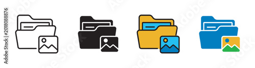 File folder with photo thumbnail icon set, digital image gallery storage and media file management vector symbols