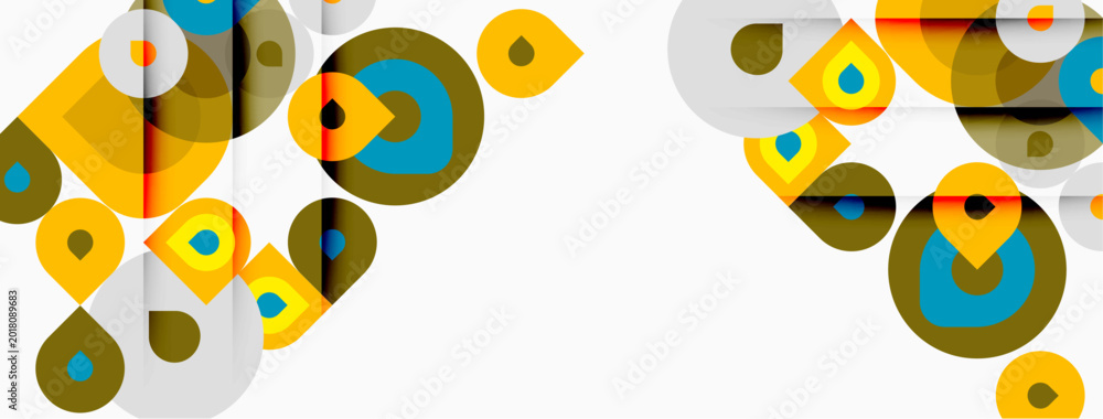 Fototapeta premium Abstract geometric shapes overlap, creating vibrant composition. Circles, squares, triangles form modern design. Colors include yellow, blue, olive.