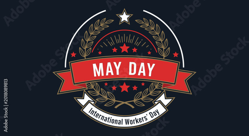 Tableau sur toile May Day emblem celebrating International Workers' Day, featuring a red ribbon, stars, and a laurel wreath against a dark background, conveying respect and solidarity