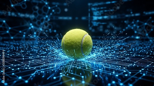 Tennis ball resting on a digital circuit board with glowing blue data particles and network connection lines