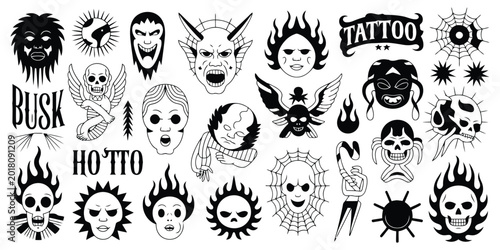 Black and white tattoo flash sheet with skulls faces sunbursts and text devil