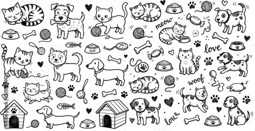 Hand drawn doodle set of cute cats and dogs with pet accessories and toys