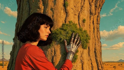 A woman with dark hair and a red shirt stands in a desert, her metallic left hand gently touching a patch of greenery growing on the trunk of a massive, weathered tree. The scene evokes a sense of qui