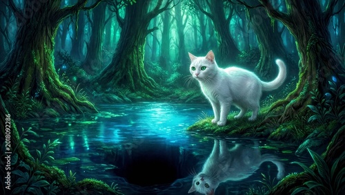 A pristine white cat with glowing green eyes stands alert on a mossy bank beside a luminous, glowing blue pool in a mystical, ancient forest. Its perfect reflection is mirrored in the water, creating 