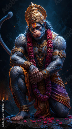 A powerful and revered depiction of the Hindu deity Hanuman, shown in a contemplative pose with traditional adornments against a dark, mystical background.