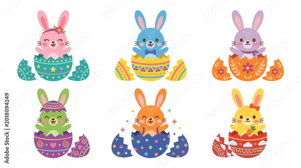 Obraz premium Cute Easter Bunnies Emerging from Decorative Eggs Vector Collection, Adorable Animal Figures for Springtime Festivities