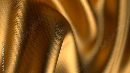 Golden twisted fabric with shallow depth of field. Detailed silk folded cloth. 3d illustration render
