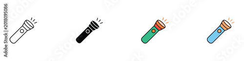 Portable flashlight torch icon set for emergency lighting. Vector illustration of hand lamp and spotlight symbols in outline, solid black, and colorful flat styles.