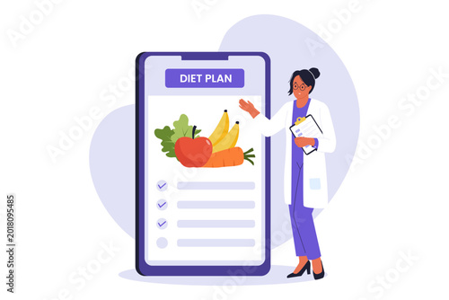 Illustration of Nutritionist Presenting Online Diet Plan on Phone. Woman nutritionist in a lab coat standing next to a large smartphone screen displaying a healthy diet plan with fruits and vegetables