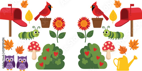 Canvas Print Cute garden and autumn elements collection featuring birds caterpillar flowers m