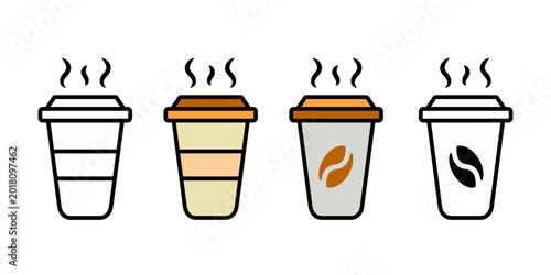 Foto Collection of disposable coffee cups with steam and coffee bean symbol