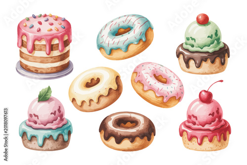 Watercolor Sweet Treats Clipart, Cute Cake Donut and Ice Cream Illustration Bundle
