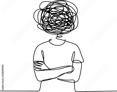 Minimalist Continuous Line Art of Person with Scribble Head. Mental Health Anxiety and Overthinking Illustration