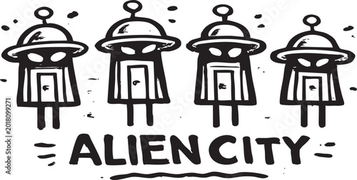 Quadro su tela Set of black whiteboard marker of alien city icons with futuristic shapes on a transparent background
