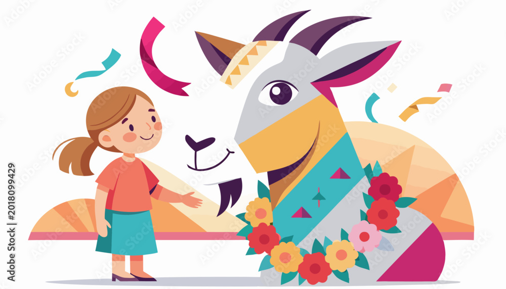 Naklejka premium Eid Al adha Girl and Adorned Sacrificial Goat with Flowers Illustration