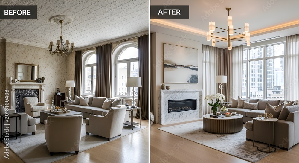 Fototapeta premium Before and After: Luxury Living Room Renovation with Modern Decor