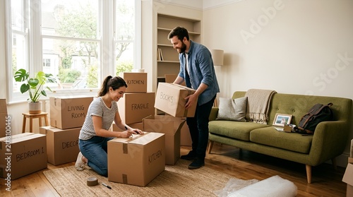 Couple packing moving boxes in new home, relocation