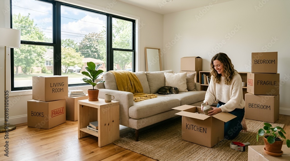 Fototapeta premium Woman packing moving boxes in a bright living room