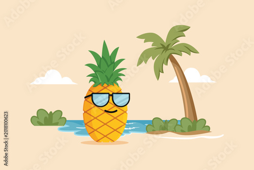A cool pineapple relaxing on a tropical beach.Tropical fruits concept. Single line draw design. Vector graphic illustration