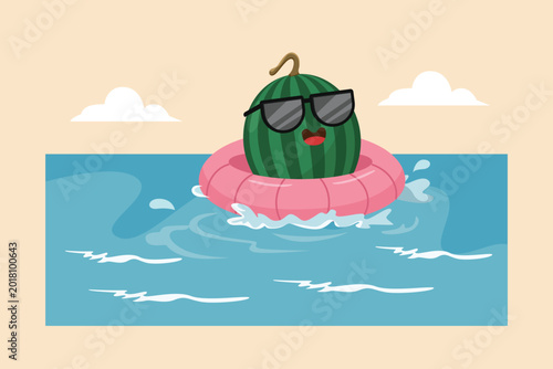 A fun watermelon floating in the pool.Tropical fruits concept. Single line draw design. Vector graphic illustration