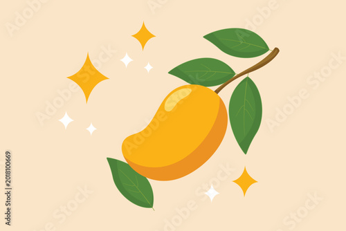 A shiny ripe mango with leaves.Tropical fruits concept. Single line draw design. Vector graphic illustration