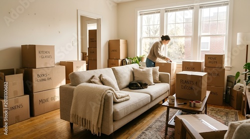 Woman unpacking boxes in bright living room, moving home concept