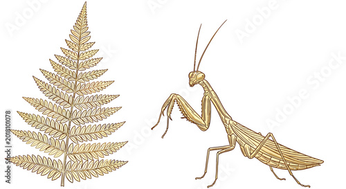 Golden Praying Mantis, Fern Leaf, Insect Icons, Nature Illustrations, Wildlife Graphics