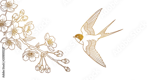 Golden bird, flying bird, floral branch, white background, elegant vector illustration