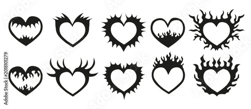 Neo tribal tattoo shape set. Y2k black heart elements. Vector gothic ornament isolated on white background.