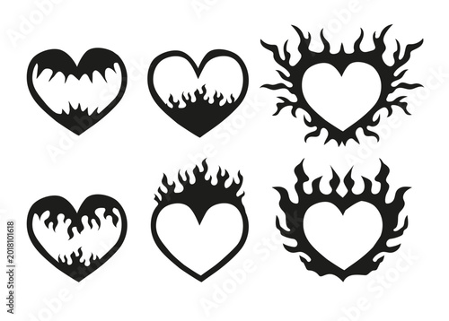 Neo tribal tattoo shape set. Y2k black heart elements. Vector gothic illustration.