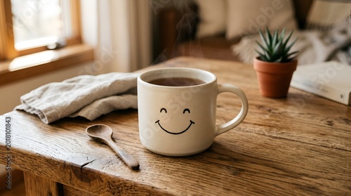 Smiling coffee mug on wooden table, houseplant, cosy scene