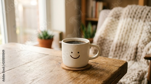 Smiling face coffee cup on wooden table, cozy home interior.