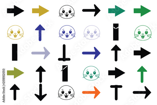Grid pattern of colorful directional arrows and cute cartoon faces