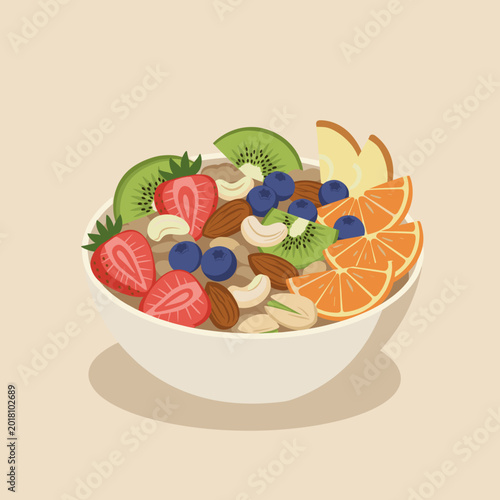 Healthy Breakfast Bowl with Fresh Fruits, Berries, and Nuts Vector Illustration