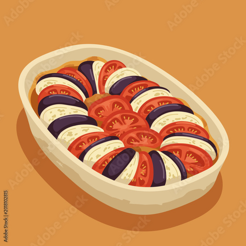 French Ratatouille dish with sliced vegetables in a ceramic baking pan vector illustration