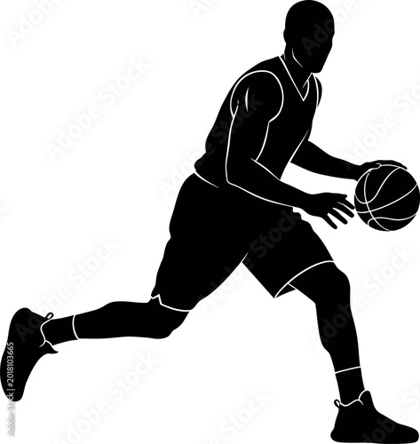 Basketball player silhouette dribbling dynamic action shot vector illustration for sports design
