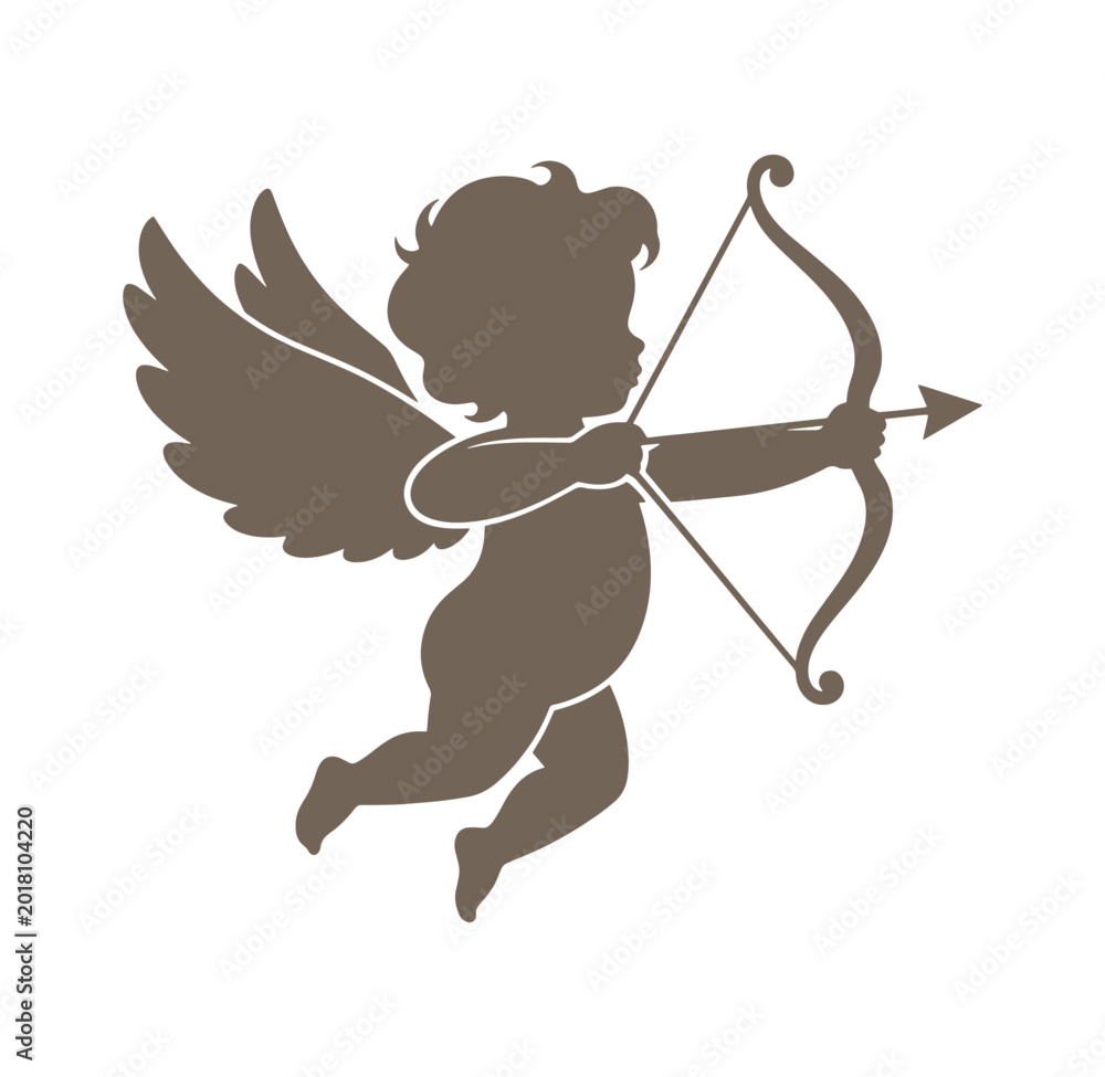 Fototapeta premium Cupid silhouette flying with bow and arrow in hand ready to shoot love and romance symbol