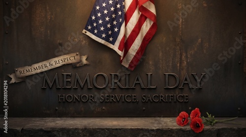 American flag with memorial day sign and red roses