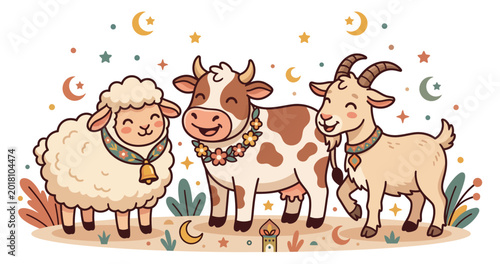 Принти на полотні Colorful illustration of happy cow, sheep, and goat standing together in a cheerful outdoor scene, symbolizing friendship, celebration, and joy