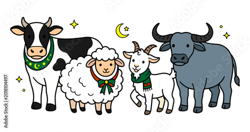 Photos Eid ul Adha livestock illustration set featuring cows goats and sheep in a flat