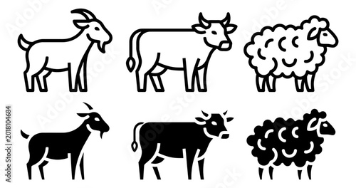 Tableau sur toile Clean line art illustration set of cow, goat, and sheep icons in minimal outline style, suitable for logos, UI, and simple design needs