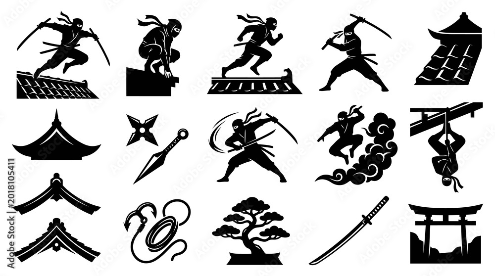 Obraz premium Japanese Ninja Martial Arts Silhouette Icon Set featuring Warriors, Weapons, and Cultural Glyphs