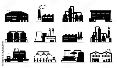 Photos Industrial Factory Buildings Icon Set Vector Illustration of Manufacturing Plant