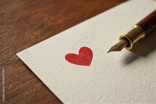 Matte off-white card with a red watercolor heart on oak beside a brass pen. Warm cinematic light and copy space ideal for healthcare nonprofit campaigns, charity posters, and presentation backgrounds.