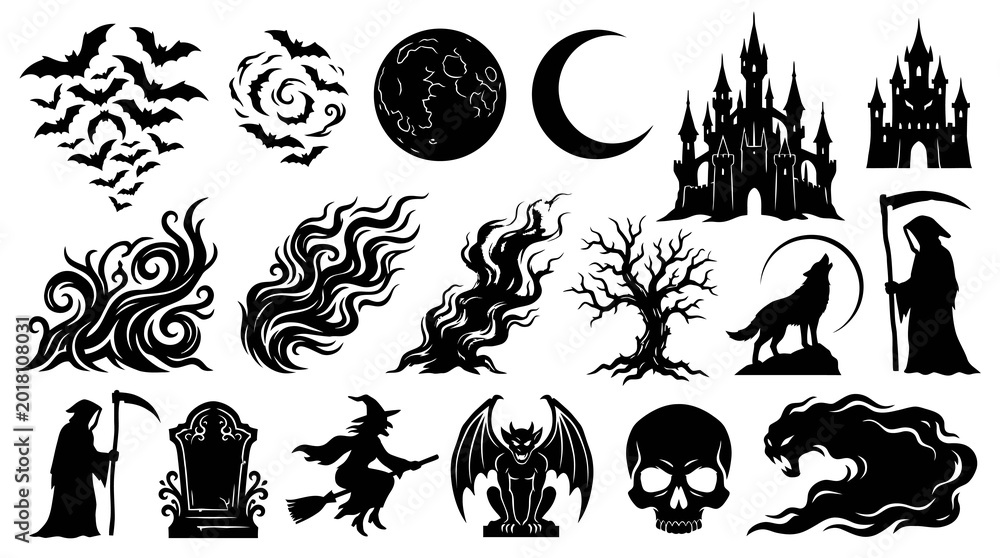 Fototapeta premium Halloween Silhouettes: Bats, Moon, Castle, Witch, Grim Reaper, Wolf, Skull, Gargoyle
