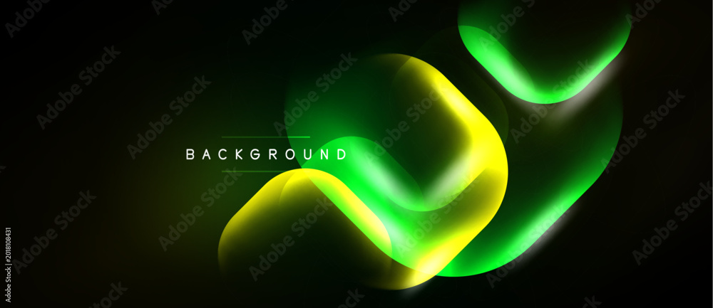 Fototapeta premium Abstract neon shapes overlap dark background. Vibrant green, yellow hues create modern visual effect. Smooth gradients suggest energy, movement.