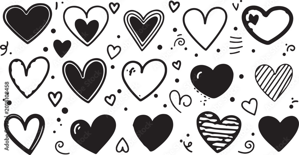 Fototapeta premium Doodle hearts sketch set. Various different hand drawn heart icon love collection isolated on white background
