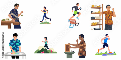 Bild auf Leinwand Collection of flat illustrations featuring people jogging and craftsmen in batik shirts conducting laboratory experiments and testing products